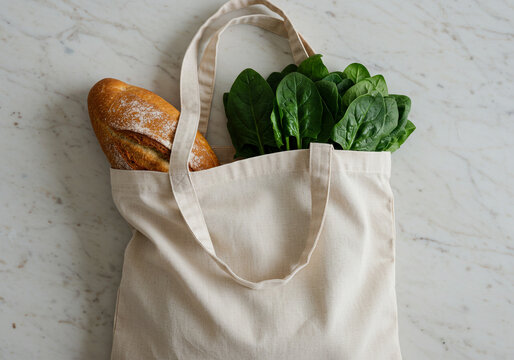 A canvas tote bag filled with fresh spinach and a loaf of bread on a marble surface top view