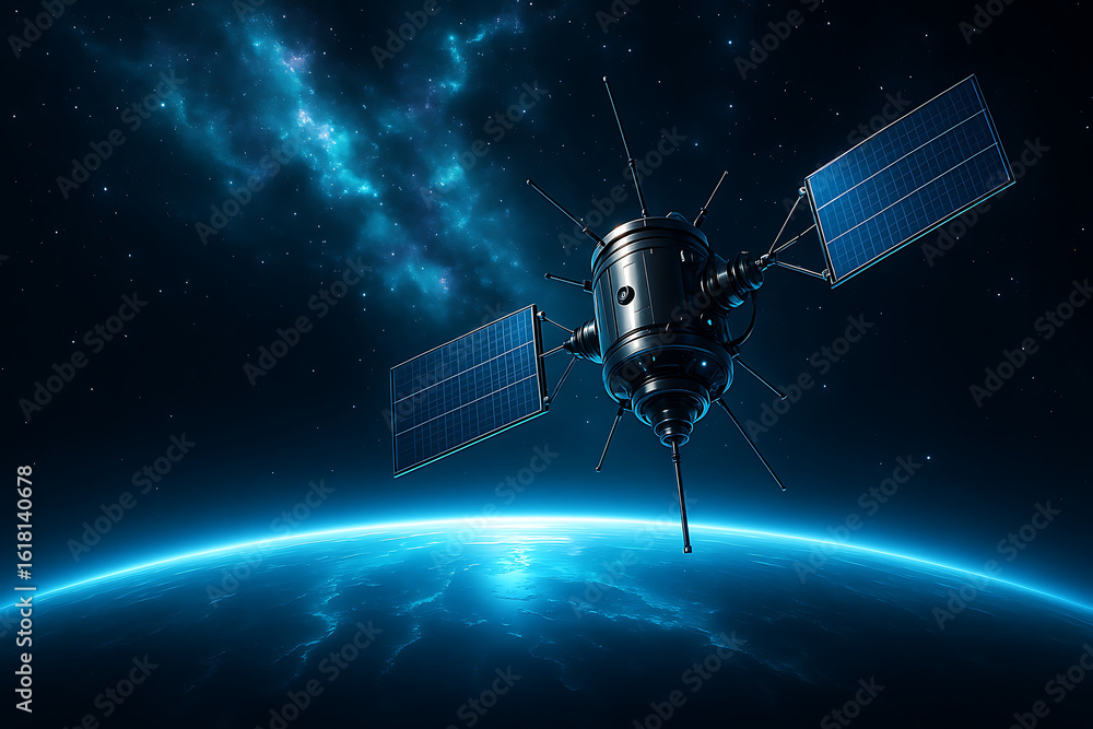 Poster advanced satellite system with antennas and solar panels orbiting above glowing blue earth surface i