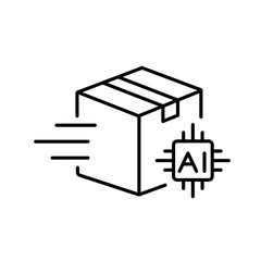 A vector icon of a delivery box with AI chip, representing smart product delivery management using artificial intelligence, created in line style with editable stroke
