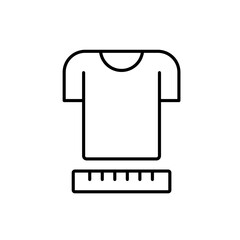A vector icon of a t-shirt and measuring ruler, representing size recommendation in online fashion or apparel platforms, created in line style with editable stroke
