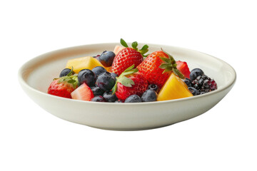 Fresh fruit salad with strawberries, blueberries, mango, and blackberries in a white bowl on a clean surface