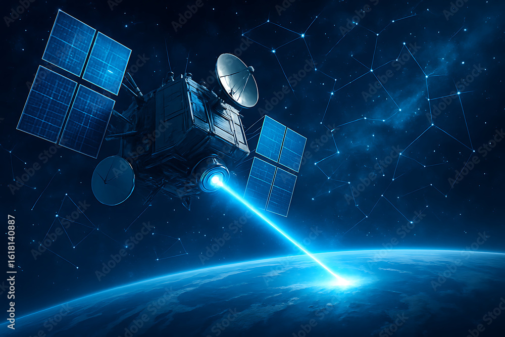 Poster satellite equipped with solar arrays and round antennas floating above europe in low earth orbit cap
