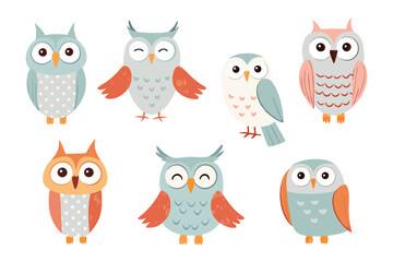 Whimsical Owl Illustration: A charming collection of cartoon owls, each with unique personalities and colorful feather patterns, create a delightful scene. 