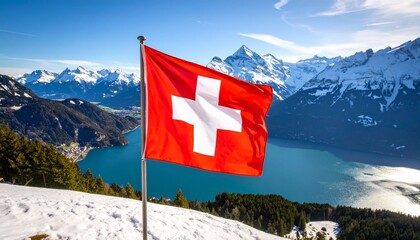 Flag of Switzerland in the foreground with the background