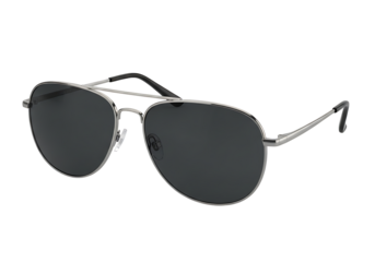 Silver aviator sunglasses against a dark background.