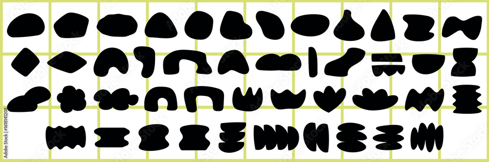 Poster abstract black shapes on a grid. unique shapes create a pattern. shapes vary in size and form. shape