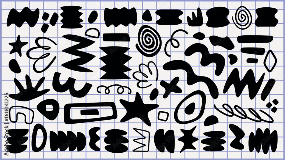 Poster abstract black shapes on a grid background. the grid features various abstract forms, with black sha