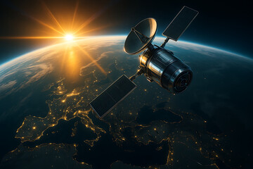 Communication satellite orbiting over sunrise horizon with earth surface glowing and solar panels activated above europe in outer space view