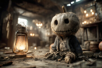 Spooky burlap scarecrow pumpkin head figure sitting beside glowing vintage brass lantern in atmospheric rustic warehouse setting with warm bokeh lighting effects perfect for halloween autumn seasonal 