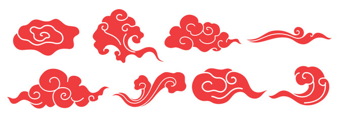 Red cloud motifs in various swirling designs. Traditional red cloud patterns, swirling and decorative. Asian-inspired red cloud motifs, swirling and elegant. Chinese weather elements, vector set.
