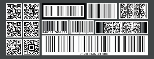 A collection of barcodes and QR codes in various styles. Barcodes and QR codes are shown in different formats. Barcodes and QR codes on a gray background. Electronic payment elements, vector set.