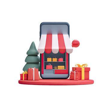 Smartphone with a shopfront design, surrounded by Christmas presents and a tree, on a podium