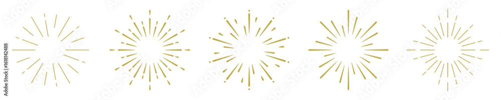 Poster five golden starburst designs in a row. starburst patterns in gold. simple and elegant starburst mot