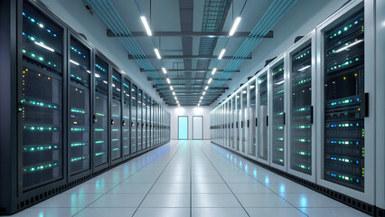 Obraz premium Modern data center server room with rows of racks and blinking lights