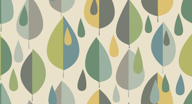 Seamless nature pattern with stylized leaves and raindrops in a vintage color palette. Retro geometric botanical vector background.