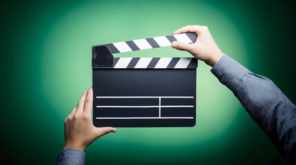 Hands holding classic black and white movie clapperboard against vibrant green gradient background representing film production cinema industry entertainment and video creation concept.