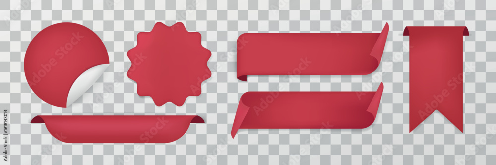 Poster set of red paper banners and labels with shadow effects. includes circular, rectangular, and ribbon 