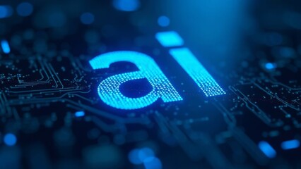 close-up of letters "A" and "I" are illuminated with a futuristic digital light, resembling tiny LED lights or microchips, Artificial Intelligence Concept on Circuit Board