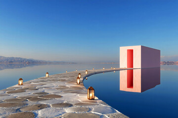Pink geometric cube with red opening on curved concrete pier extending into mirror calm water with glowing lanterns against blue sky and mountain landscape creating minimalist architectural dreamscape