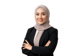 Woman wearing hijab smiling with arms folded on transparent background