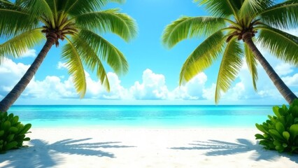 serene tropical beach view with lush palms over white sand and clear turquoise ocean, concept of travel and leisure, holiday destinations