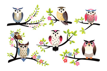 Owl collection in nature: A diverse collection of whimsical owls perches gracefully on branches adorned with vibrant blooms, a charming illustration that celebrates the beauty of nature. 