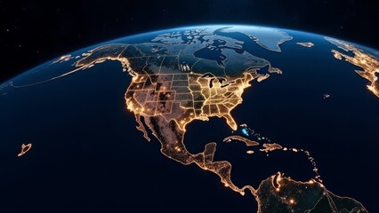 stunning aerial view of north America illuminated at night from space, concept of global connectivity, technology, mapping and geography