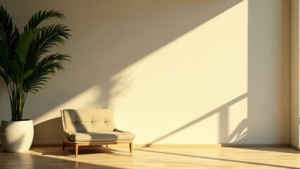 minimalist living space with a cream sofa and palm plant, casting soft shadows on clean wall, concept of interior design and home decor
