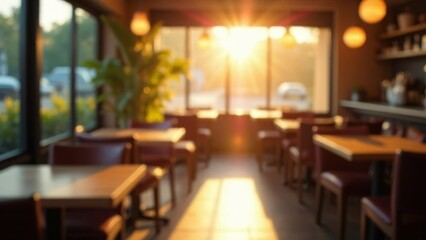 blur warm sunlight streaming through a cozy cafe interior, concept of hospitality and interior design, sun