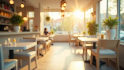 blur golden hour sunlight filters through stylish cafe, casting long shadows and illuminating modern decor, concept of dining and leisure spaces