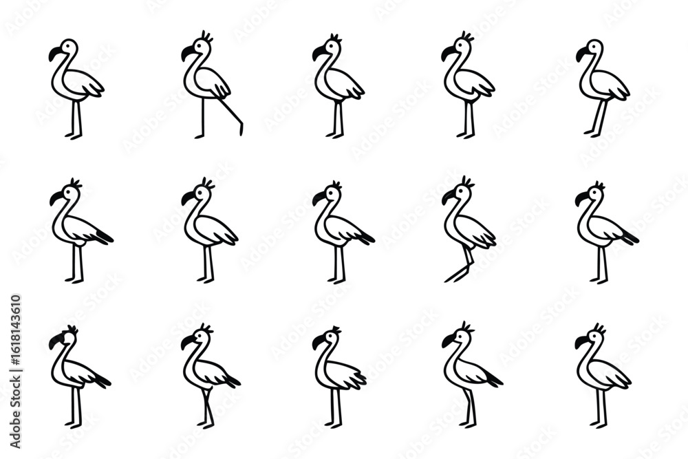 Poster elegant flamingos in array: a collection of elegant flamingo outlines in varied poses, each exquisit