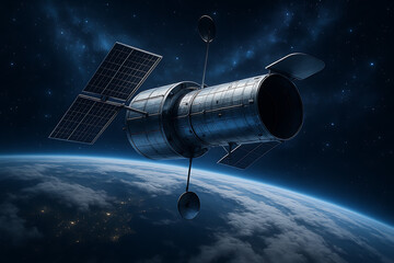 High resolution satellite telescope over planet earth with solar panels and deep universe background glowing in stars under cosmic view at night atmosphere
