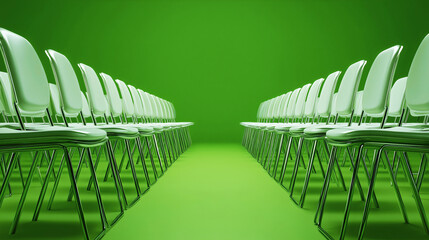Rows of identical green plastic chairs arranged in symmetrical formation, central pathway on green background modern minimalist conceptual design.