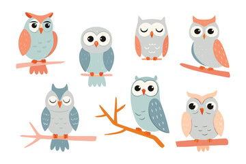 Colorful Owl Collection: A charming array of owls perched on branches, depicted in a whimsical and vibrant style, offering a delightful representation of these nocturnal birds.