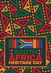 Obraz premium South Africa Heritage Day. Happy holiday. Celebrate culture and traditions of nation. South African flag. Poster with illustration. Pattern design. Vector