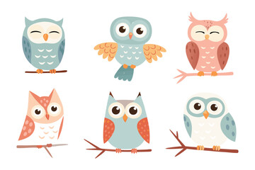 Owl Collection: A charming collection of six whimsical owls in various poses. Each owl perched on a branch, with soft colors and expressive eyes.  A delightful set for any project.