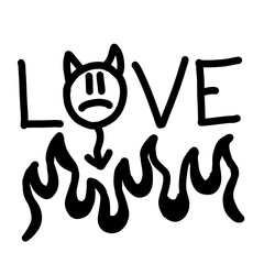 Love on fire, sad devil face emoji, edgy distressed style