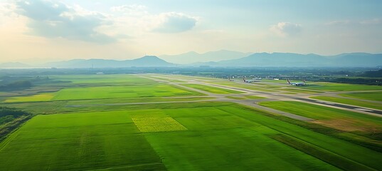 Fototapeta premium Aerial view of airport runway surrounded by green fields with mountains in the background during daytime
