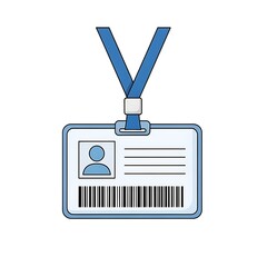 Illustration of a blue id badge with a lanyard showing a barcode and a profile icon on white