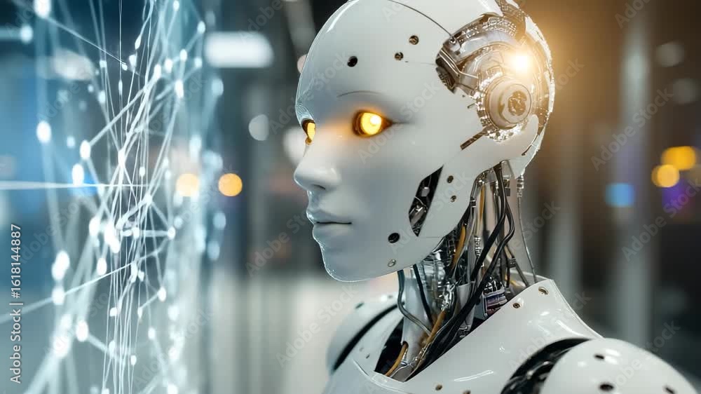 Poster a sleek, humanoid robot engages with a digital interface, illuminated by ambient lighting in a high 