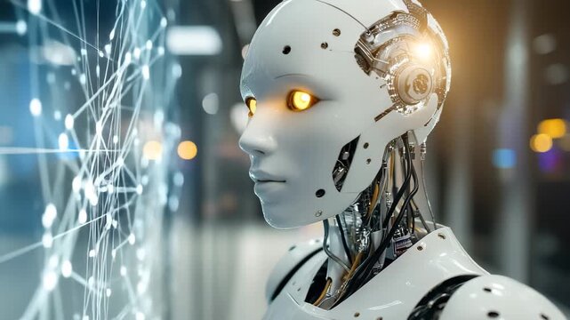 A sleek, humanoid robot engages with a digital interface, illuminated by ambient lighting in a high tech innovation center during an evening event, showcasing advanced technology.