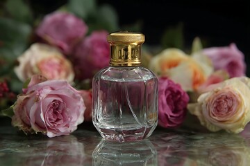 Elegant perfume bottle with golden cap surrounded by delicate roses evoking luxury and natural beauty for sophisticated advertising campaigns.