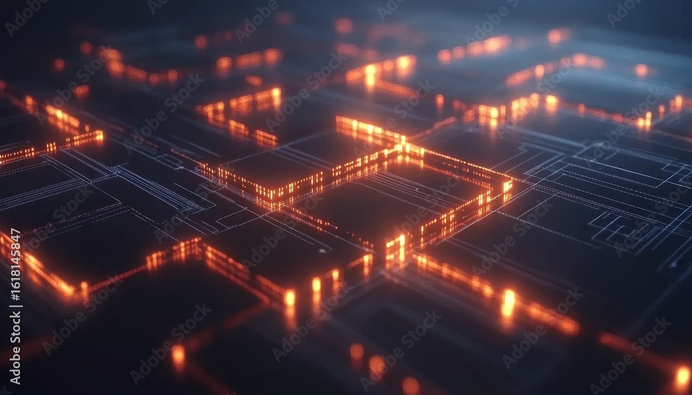 Poster intricate and futuristic electronic circuit board with glowing pathways and modern design elements