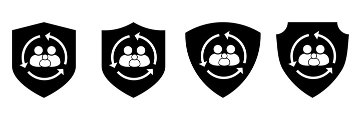 Black Family Protection Icons Set. Shield Silhouettes with Circular Arrows, Concept of Family Security, Health Insurance, Parental Support and Social Care in Simple Vector Illustration