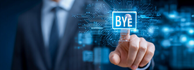 Bye button technology concept businessman pressing virtual interface goodbye farewell exit close end