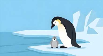 Obraz premium Penguin parents with chick, flat vector, icy background