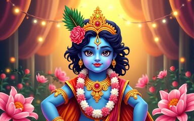illustration of Krishna Janmashtami background for banner, Lord Krishna decorated with jewelery and flowers, Ai Generated Images. High quality