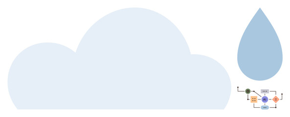 Blue cloud and water drop accompanied by a schematic diagram of processes, illustrating water cycle phases. Ideal for science, weather, education, environment, sustainability, water management