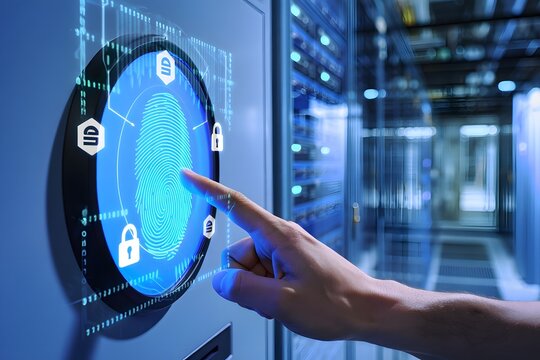 Person using fingerprint scanner for biometric security access in data center