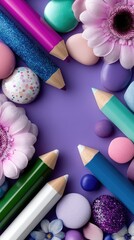 Pastel Colored Pencils and Decorative Elements on Purple Background